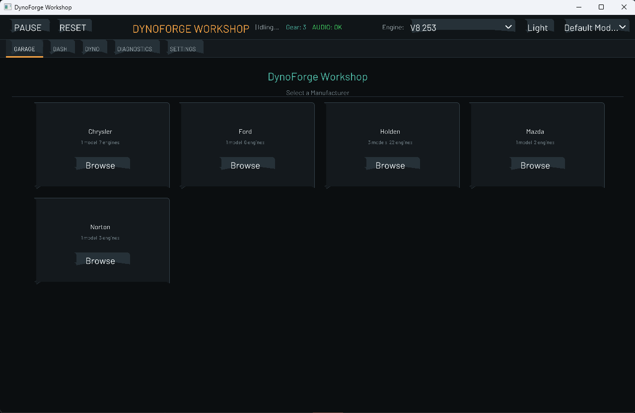 DynoForge garage view showing selectable manufacturers and engine model groups