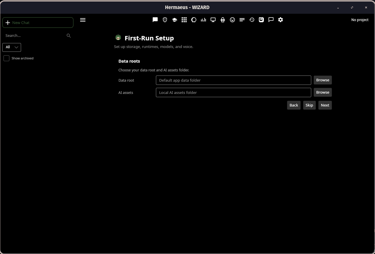 Hermaeus first-run setup screen for choosing local data and AI asset folders