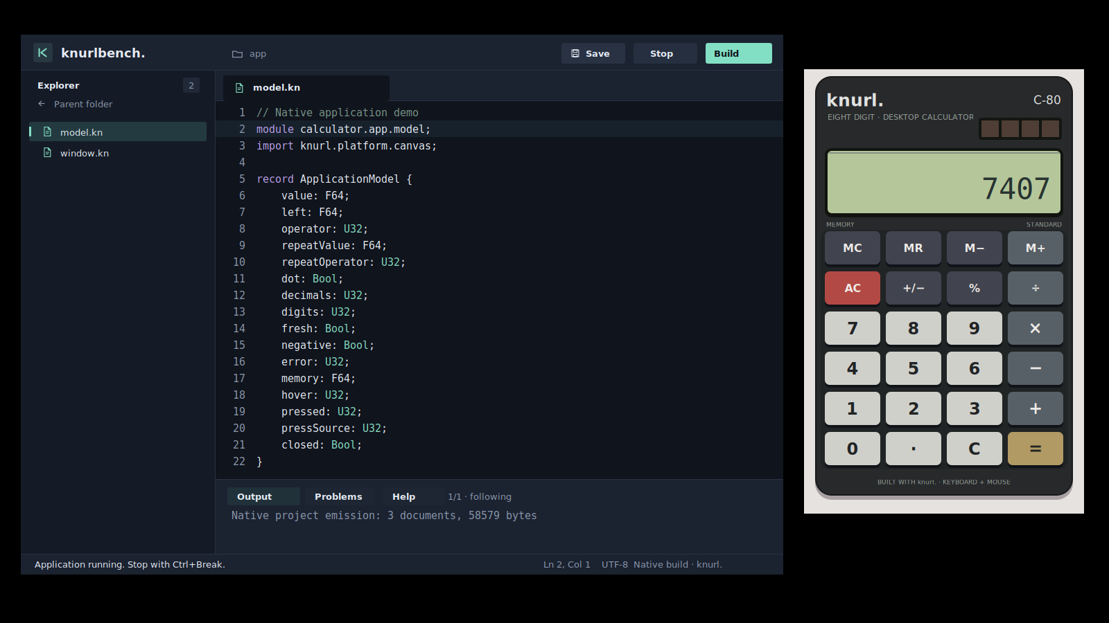 Native IDE building and running the independent calculator application.