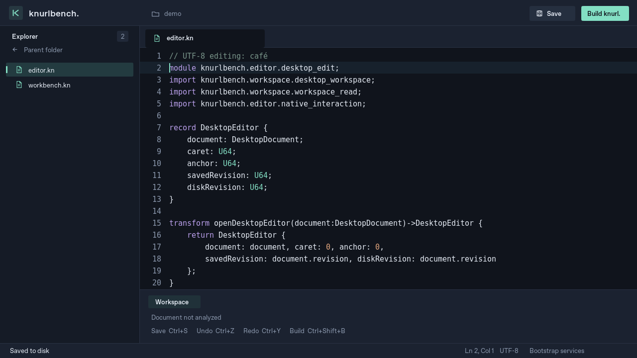 Native X11 workspace editor with real source files and UTF-8 editing.