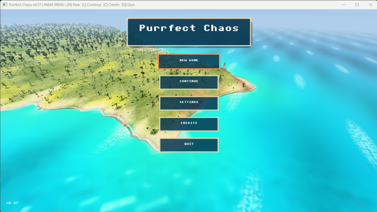 Purrfect Chaos alpha main menu over an aerial view of the island