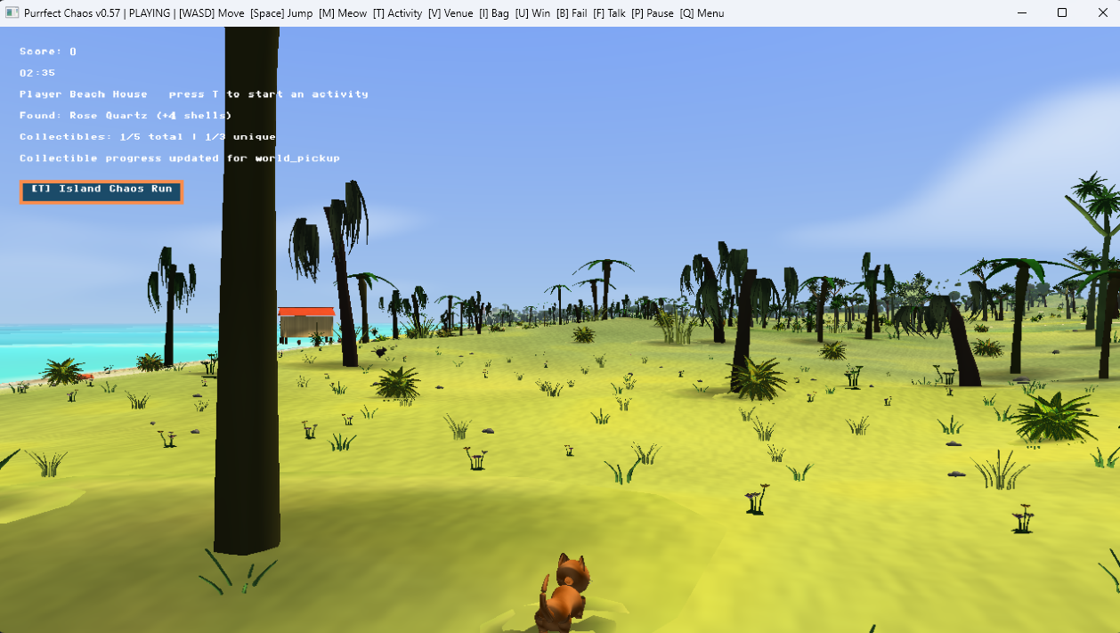 Purrfect Chaos alpha gameplay showing the cat character in a coastal island environment with an activity prompt and progression HUD